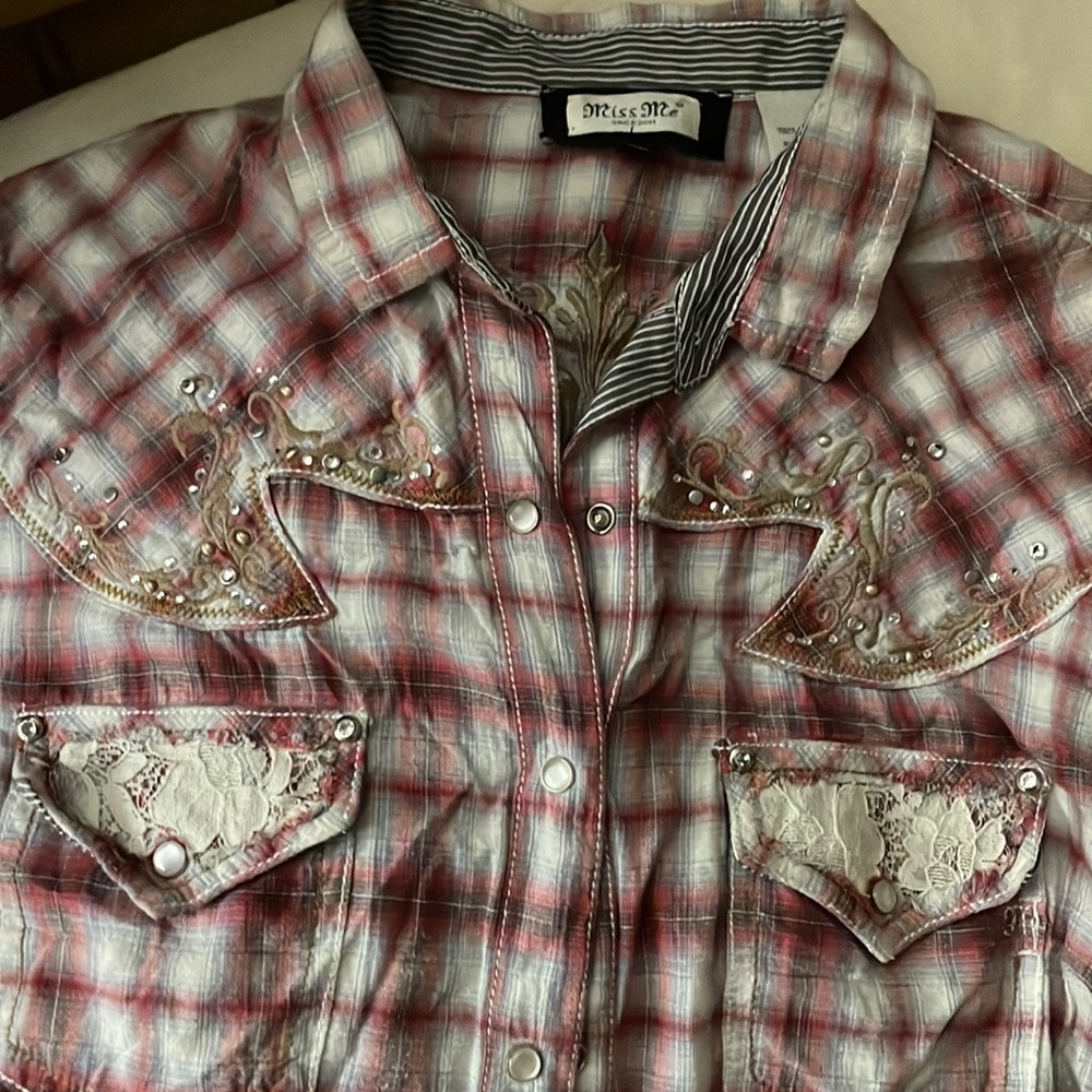 Short sleeve, miss me, brand plaid shirt with embellishment on buttons EUC